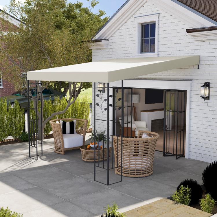 Outdoor pergola canopy with cream roof and black metal frame posts