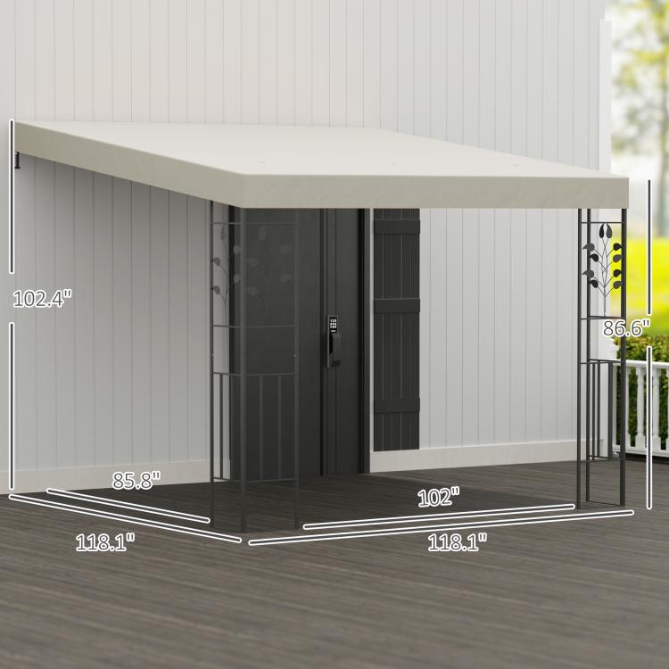 Outdoor pergola canopy with cream top and labeled dimensions on black frame