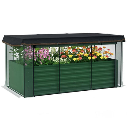 Green galvanized steel planter box with raised sides, black frame crop cage, shade cloth top