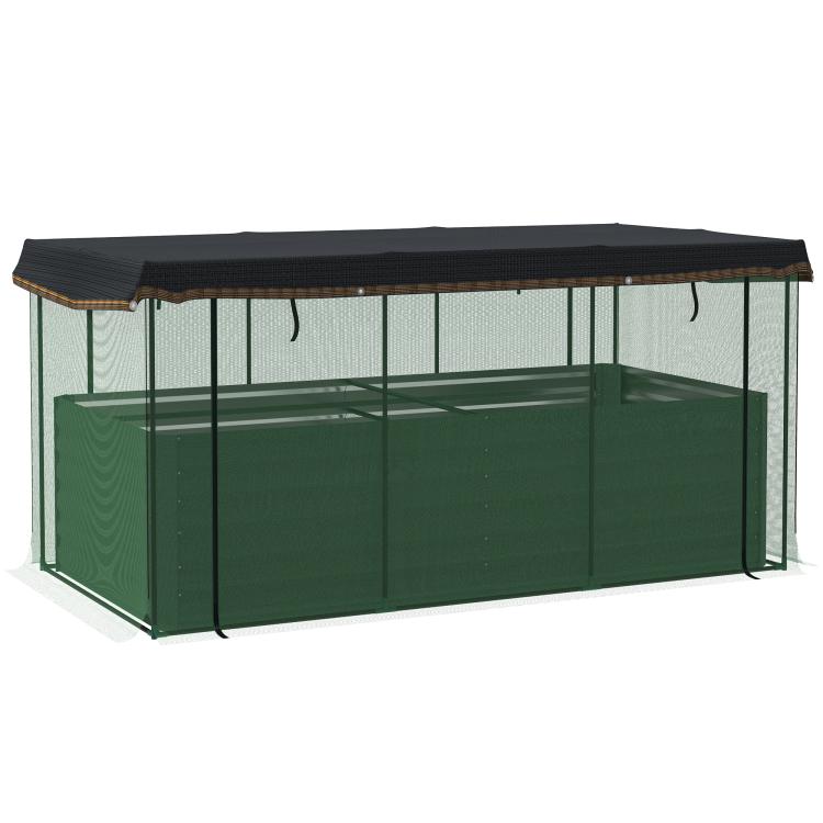 Green galvanized steel raised planter bed with black vertical cage frame and shade cloth cover
