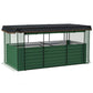 Green raised garden bed with black crop cage and dark shade cloth cover