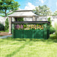 Outdoor green galvanized steel planter box with flower-filled raised bed under shade cloth