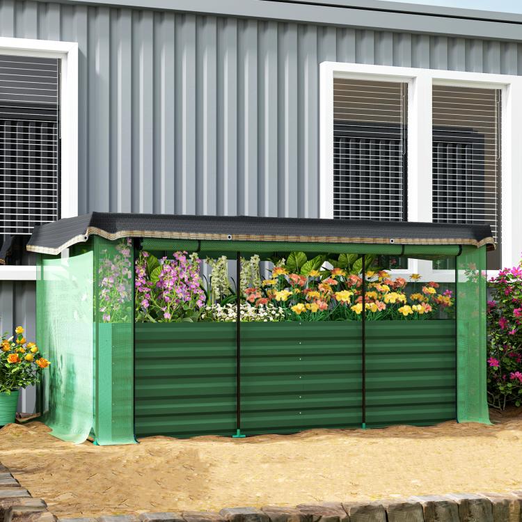 Green galvanized steel raised planter bed with crop cage panels and shade cloth across top