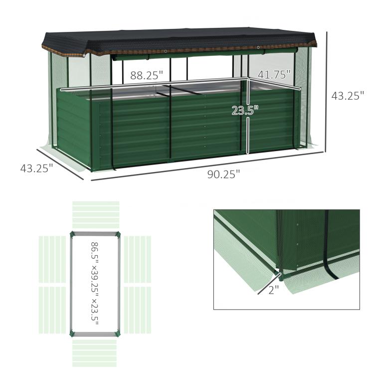 Green galvanized steel planter box dimensions diagram with black frame and shade cloth top