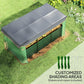 Green raised planter box with gray shade cloth over top and black crop cage frame