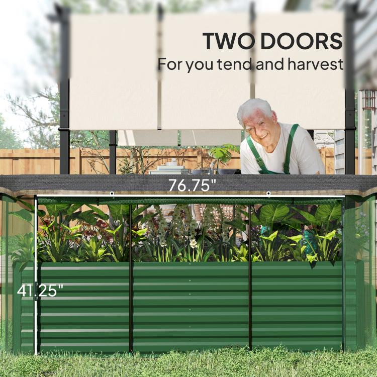 Green galvanized steel planter box with two-door front access and raised planting bed