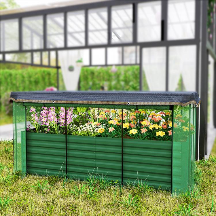 Green galvanized steel planter box with flower plants and clear side panels under shade cloth