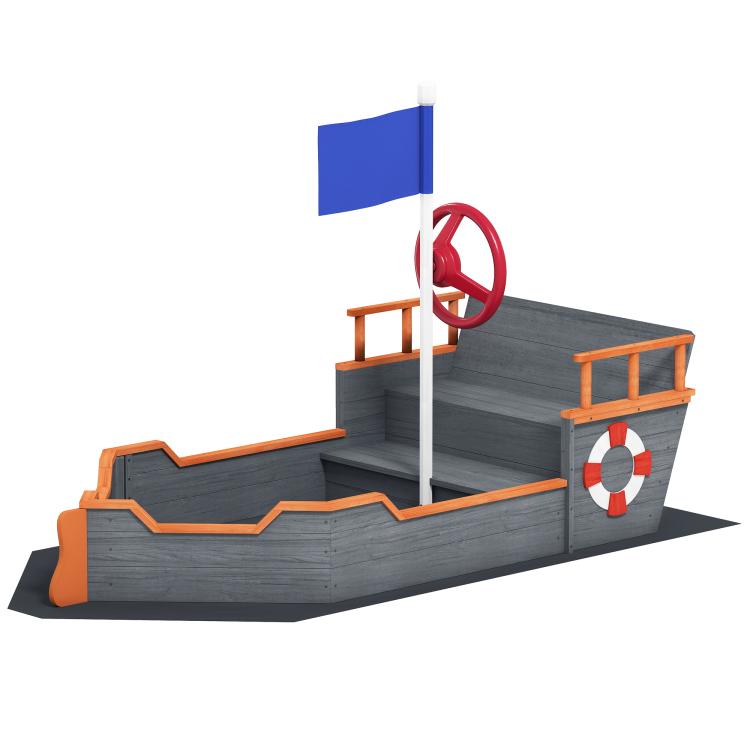 Kids gray pirate ship sandbox sandboat with red wheel and side bench