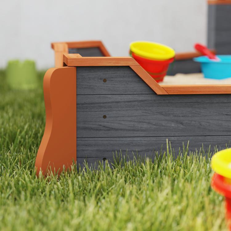 Kids wooden pirate ship sandbox, gray boards with orange trim and corner detail