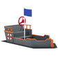 Kids wooden pirate ship sandbox with gray planks, orange rail, sail and lifebuoy wheel