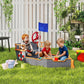 Kids pirate ship sandbox with red rudder wheel, blue flag, and bench seats