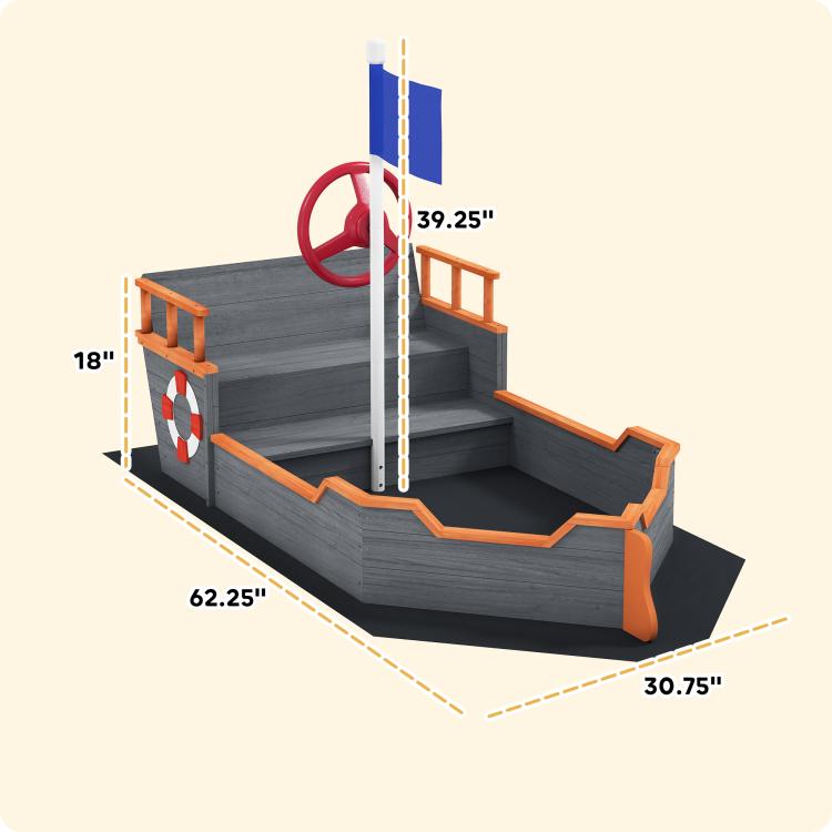 Kids pirate ship sandbox with bench seats and red wheel, shown in 3D view