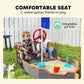 Kids pirate ship sandbox with two bench seats, red wheel, and blue flag