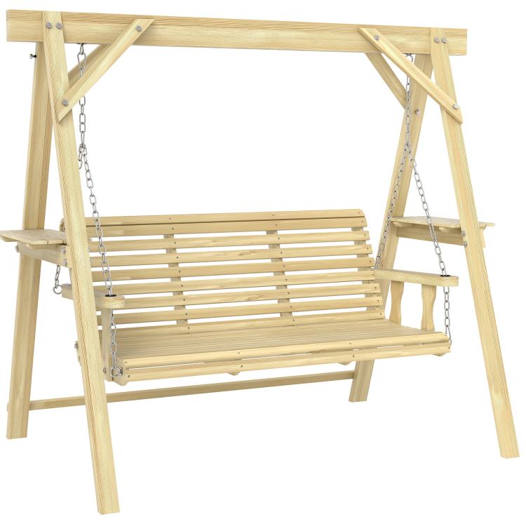 Natural wood 3-seat porch swing with slatted bench and hanging chains