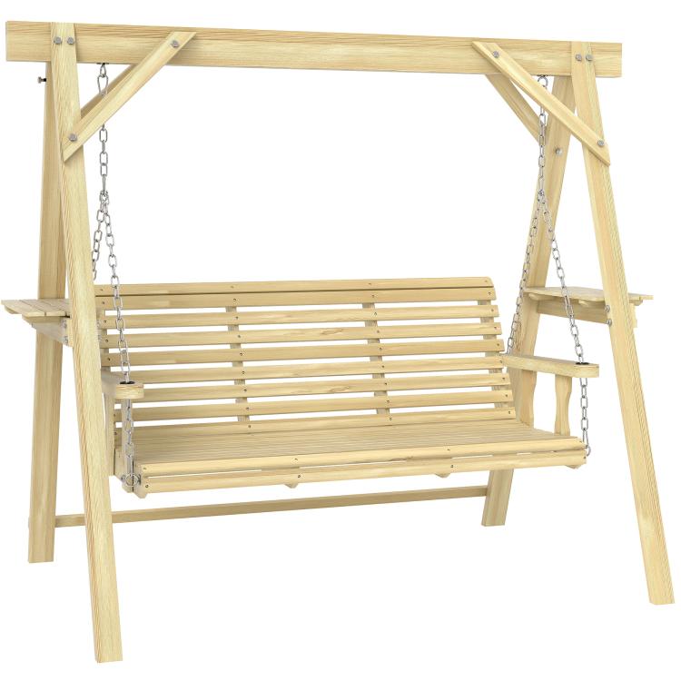 Natural wood 3-seat porch swing with slatted bench and side table