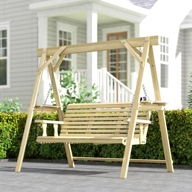 3-seat wooden porch swing with stand, slatted seat, and side tables