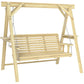 Wooden porch swing with chains, slatted 3-seat bench and arm frame