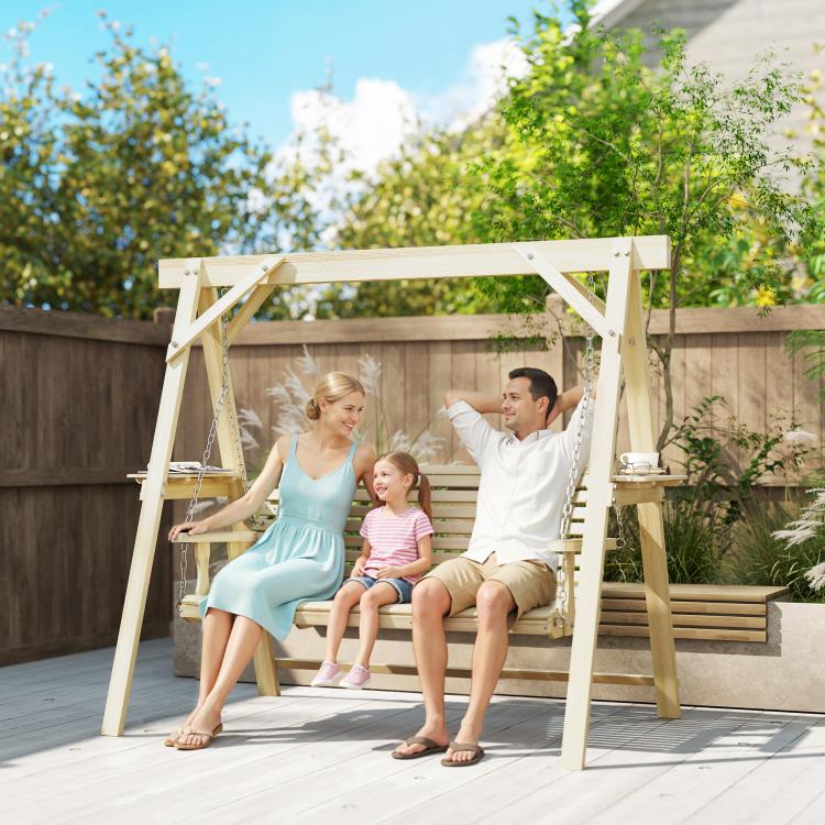Natural wood porch swing with slatted seat and hanging frame