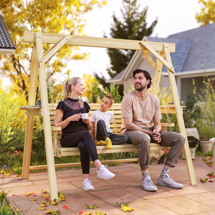 Natural wood 3-seat porch swing with slatted bench and adjustable-style frame
