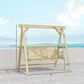 Natural wood 3-seat porch swing with side tables, hanging chains, and dimensions