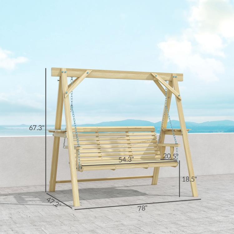 Natural wood 3-seat porch swing with side tables, hanging chains, and dimensions