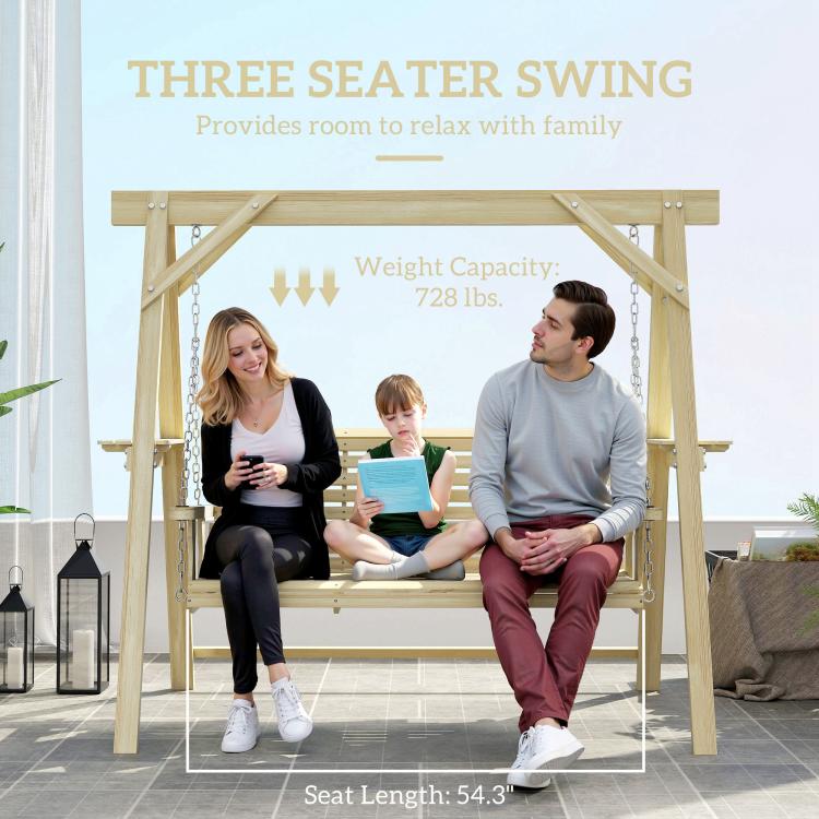 Natural wood 3-seat porch swing with hanging chains and roomy bench seat
