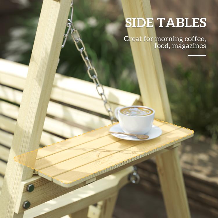 Wood side table attached to porch swing frame with cup on top
