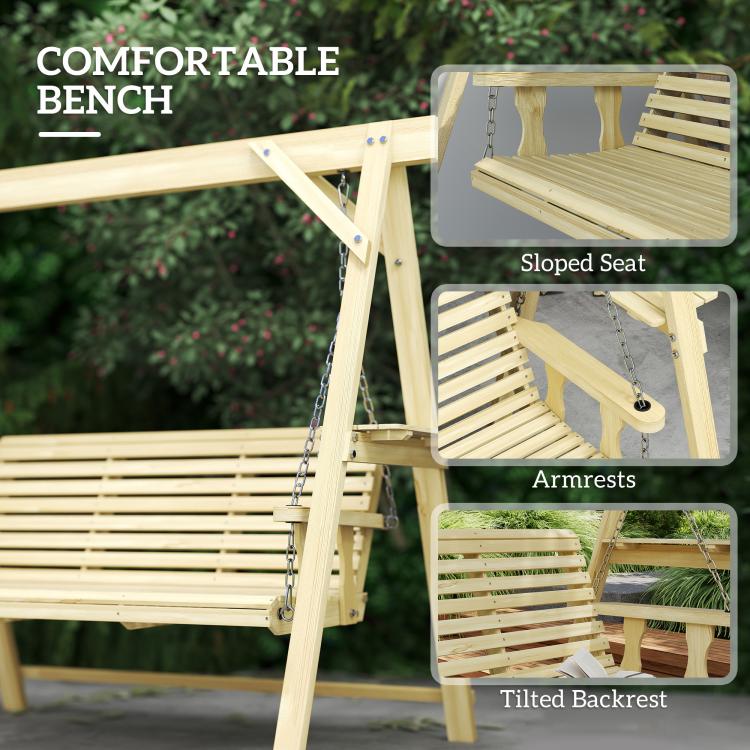 Natural wood porch swing showing armrests and sloped bench seat