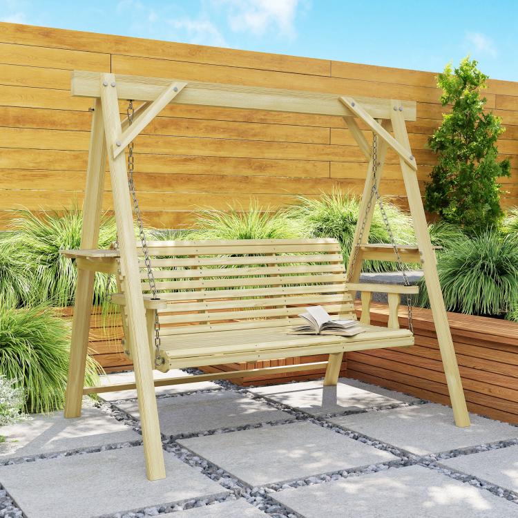 Natural wood porch swing with slatted bench and hanging chains
