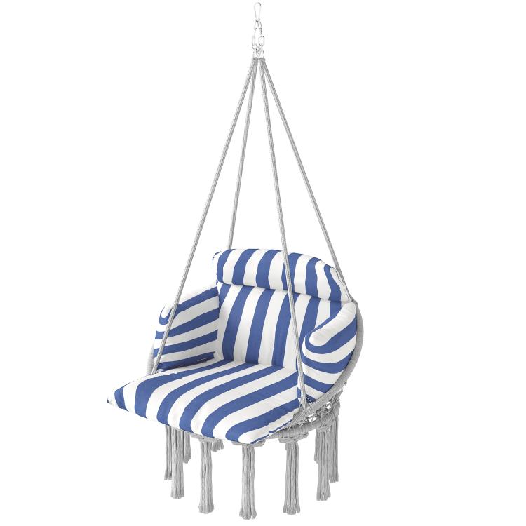 Blue-and-white striped macrame hanging swing chair with fringe tassels and cushion