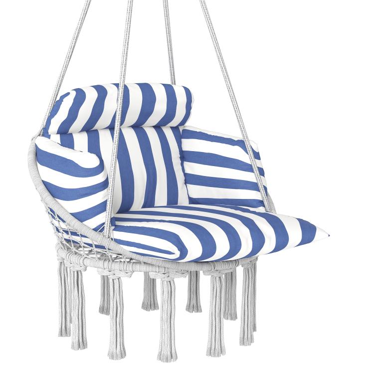 Macrame hanging swing chair with blue-and-white striped cushion and hanging ropes