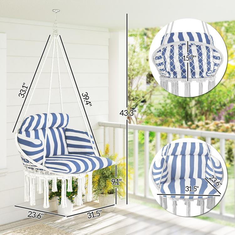 Blue-and-white striped hanging hammock chair with cushion and measuring size diagram