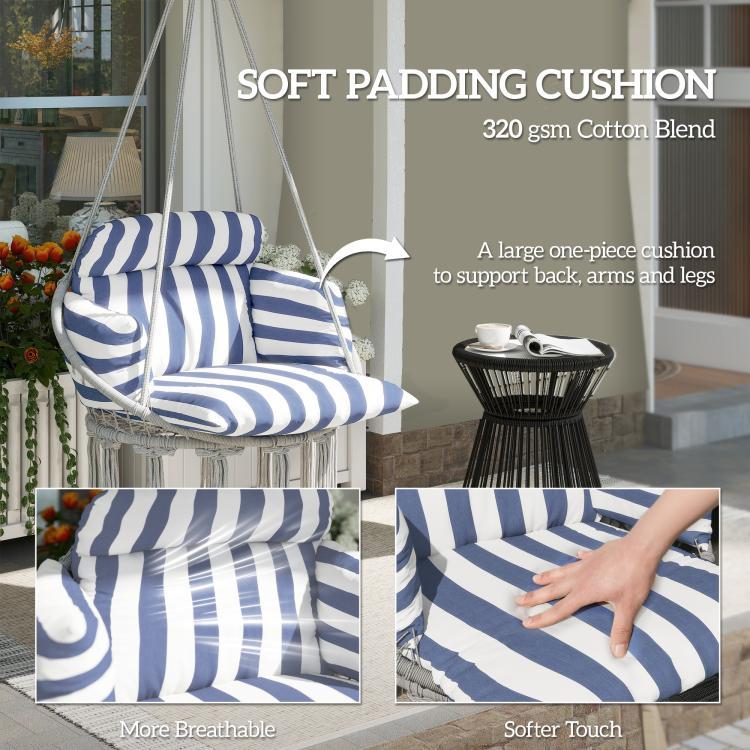 Blue-and-white striped hammock swing chair with soft padded cushion and macrame base