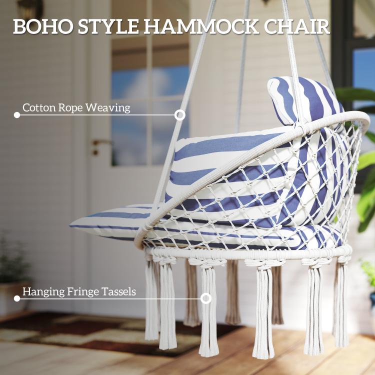 Boho hammock swing chair with blue-and-white striped cushion, rope weave, and fringe