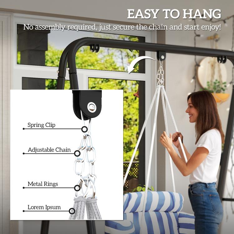 Blue-and-white striped hanging hammock chair with chain and spring clip attachment
