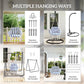 Blue-and-white striped hammock swing chair shown with multiple hanging options diagram