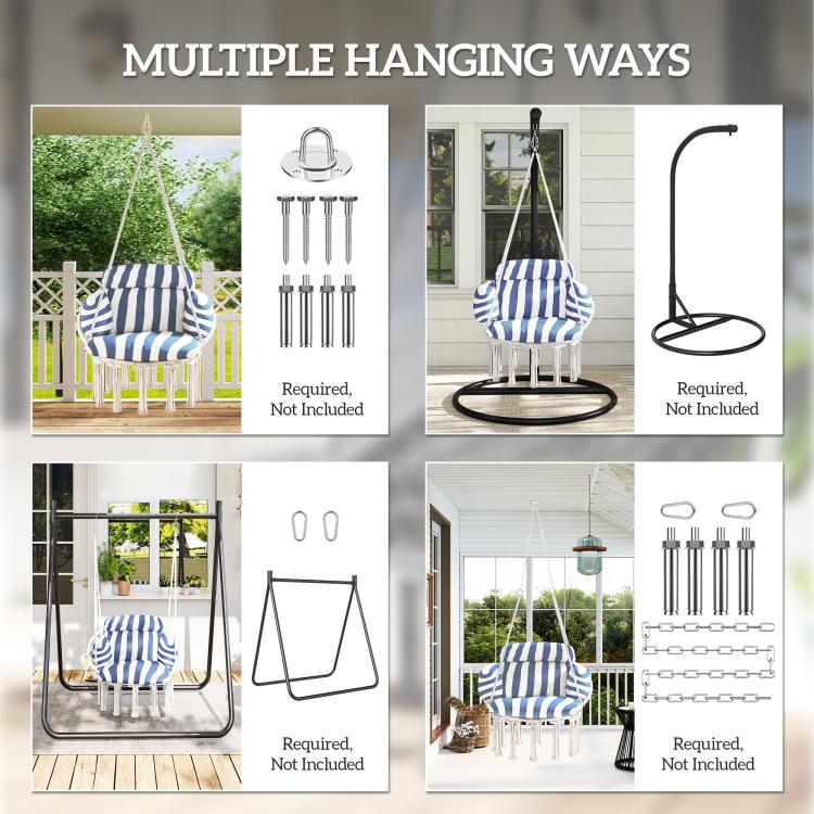 Blue-and-white striped hammock swing chair shown with multiple hanging options diagram