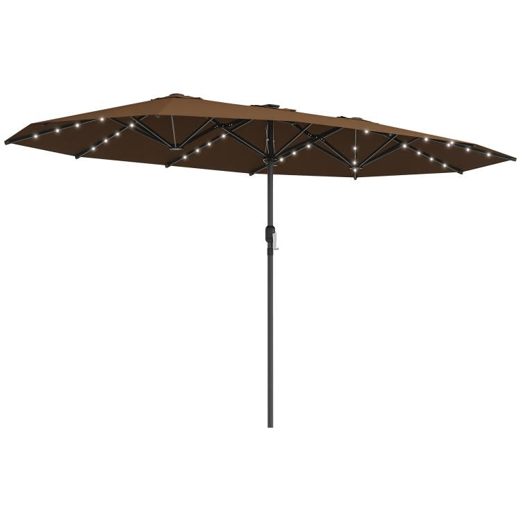 Coffee-brown patio parasol with LED string lights and sturdy cross-frame