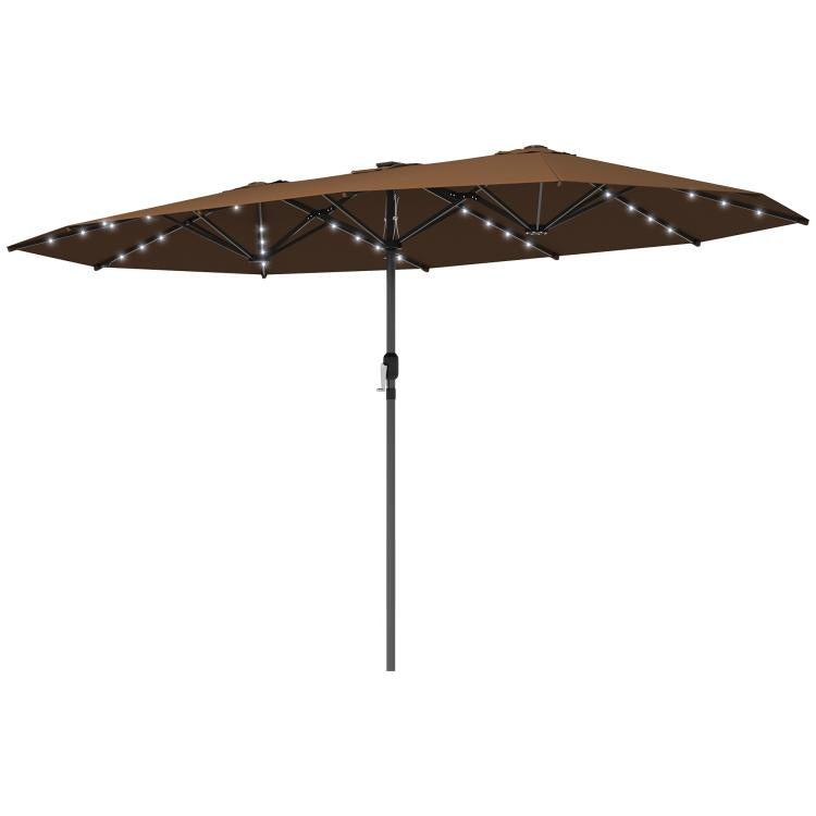 Coffee-brown outdoor sun umbrella with LED lights and central support pole