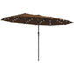 Brown double-sided sun umbrella with LED string lights around canopy, open and on pole