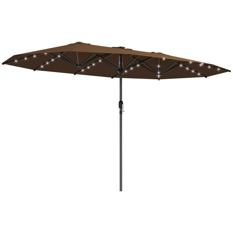 Brown double-sided sun umbrella with LED string lights around canopy, open and on pole