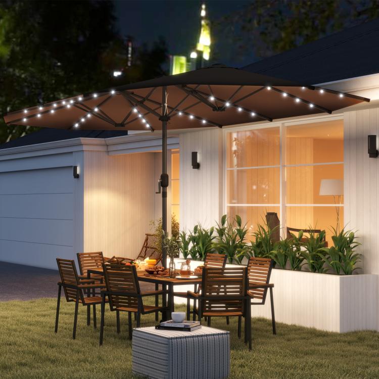 LED-lit patio parasol in coffee-brown with open canopy and tall center pole