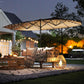 Coffee-brown patio umbrella with LED string lights along the ribs and center pole