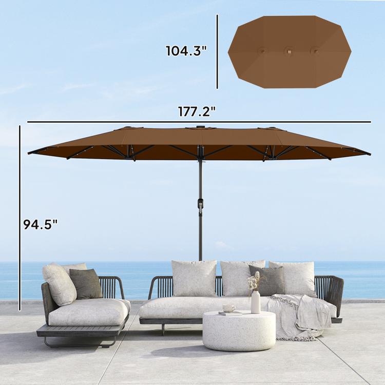 Extra-large coffee-brown patio parasol with LED string lights and tall stand pole