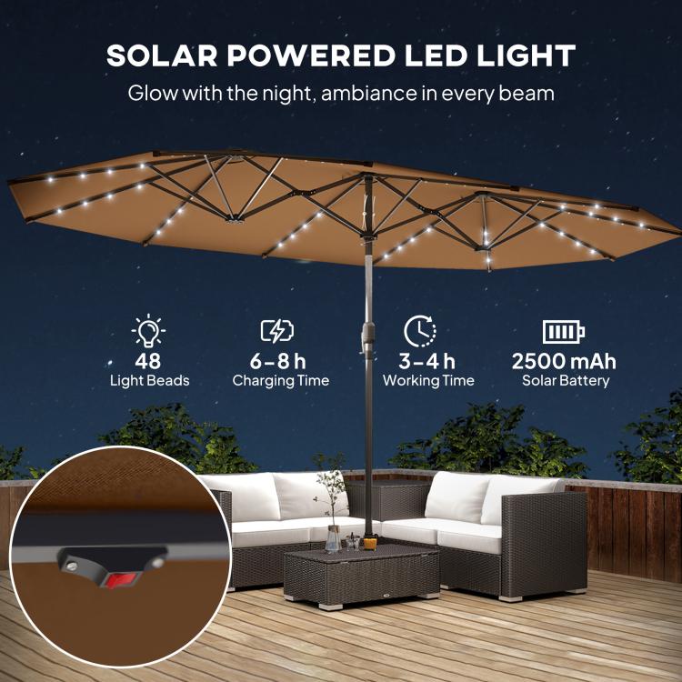 Solar-powered LED patio parasol with coffee-brown canopy and lighted cord lines