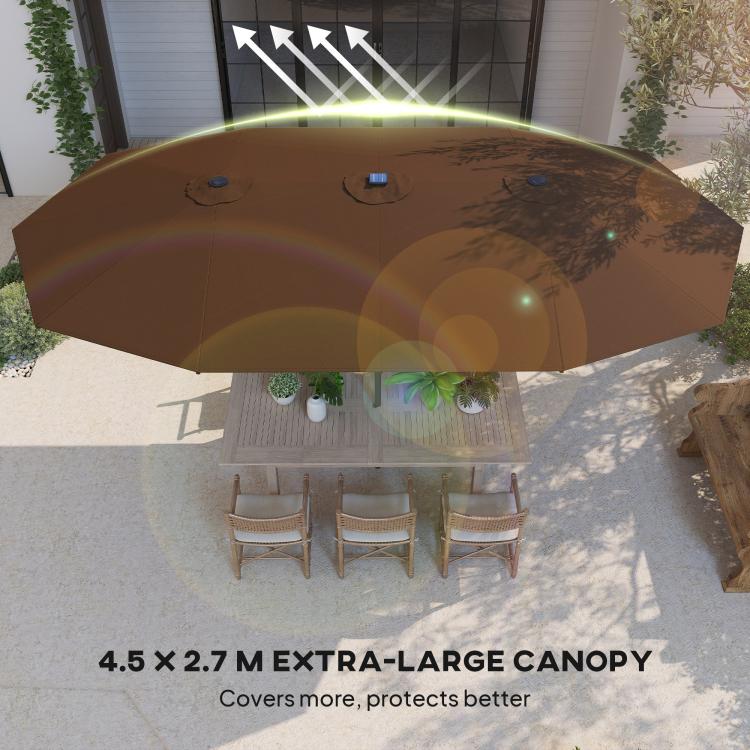 Top view of coffee-brown double-sided patio parasol canopy with LED lights