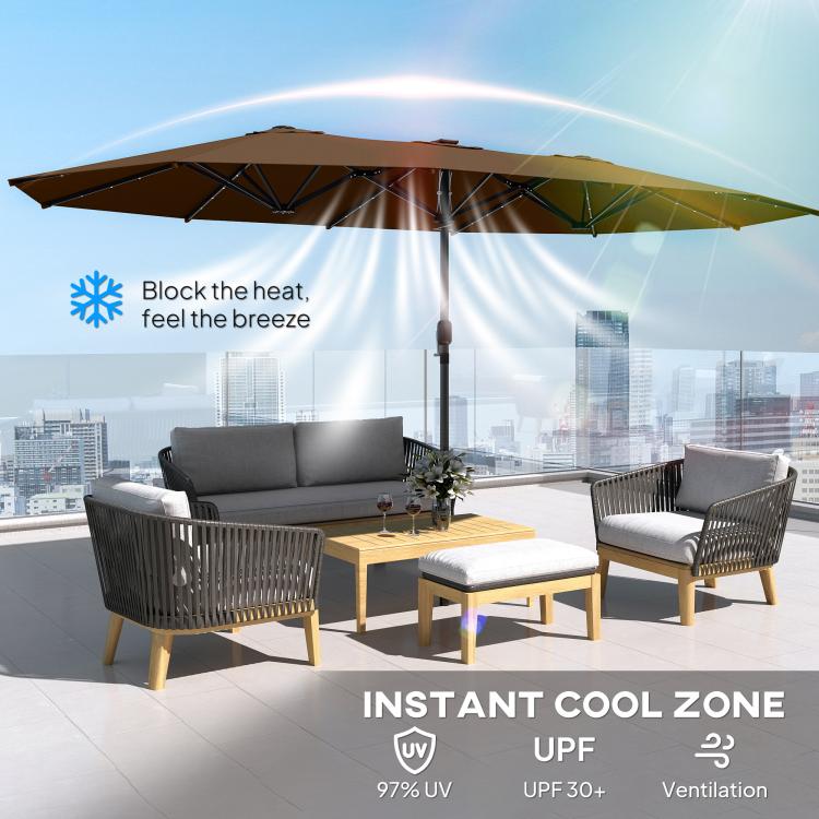 Coffee-brown patio parasol open on a balcony with center pole