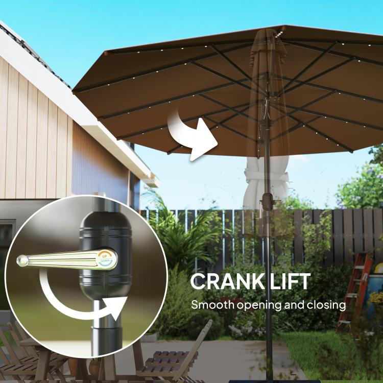 Crank lift mechanism on a coffee-brown patio parasol with tall center pole