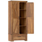 Brown pantry cabinet with two open barn doors and adjustable interior shelves