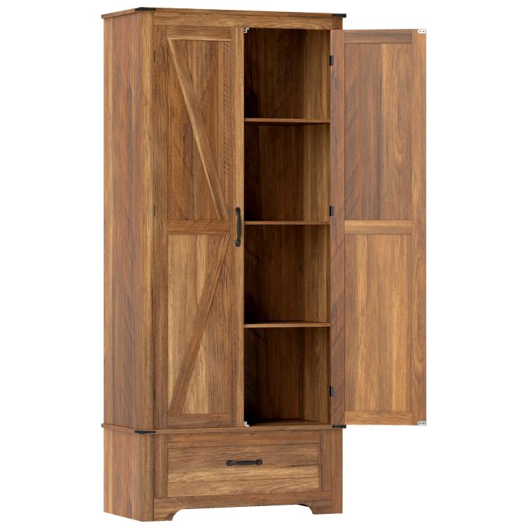 Brown pantry cabinet with two open barn doors and adjustable interior shelves